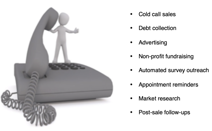 Common motives for outbound dialer/ outbound dialing campaigns: Cold call sales, debt collection, advertising, non-profit fundraising, automated survey outreach, appointment reminders, market research and post-sale follow-ups.