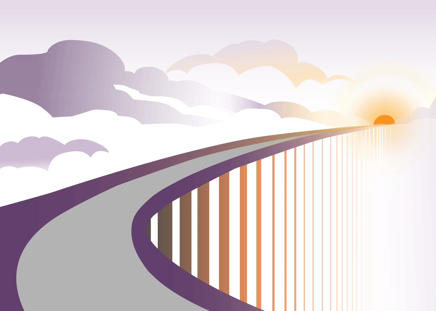 A bridge curves through the clouds towards the sun