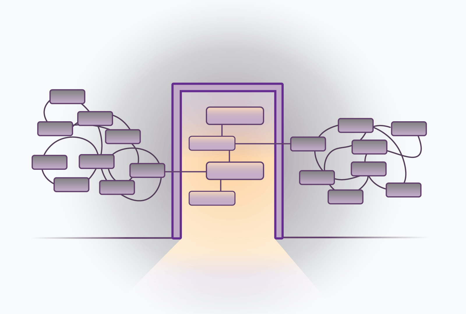 Illustration of multiple systems connecting through a central portal, representing the CloudBridgeCX platform. 